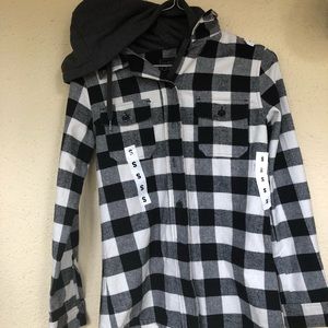Black/white flannel with grey hood